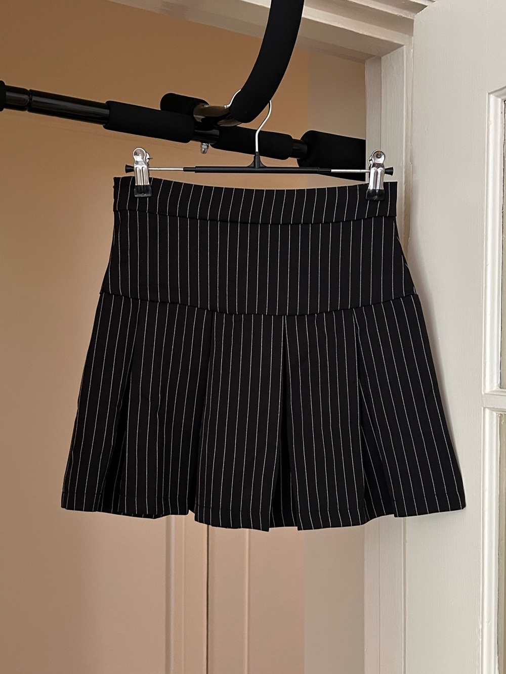 Black Pinstripe Pleated Mini Skirt